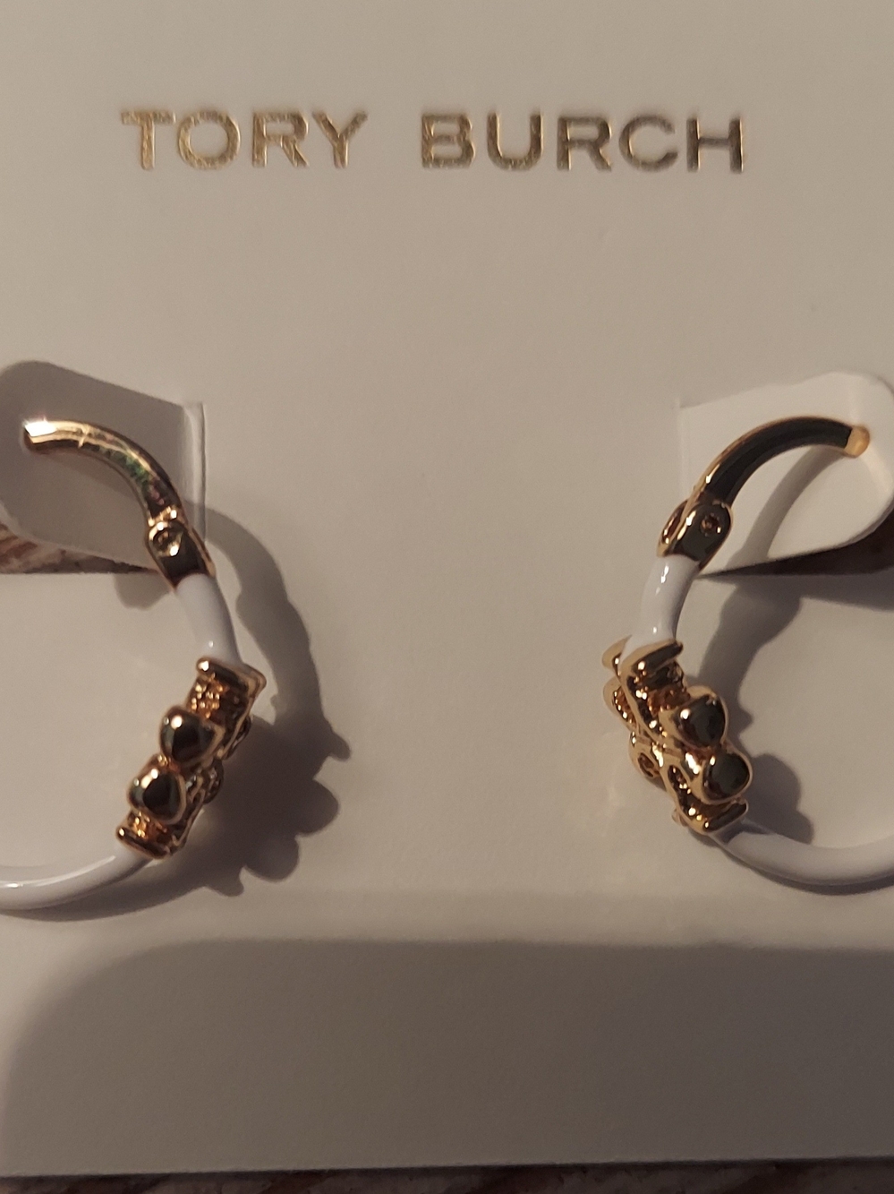 Tory Burch White Enamel Hoop Earrings with Gold Accents - Picture 4 of 4